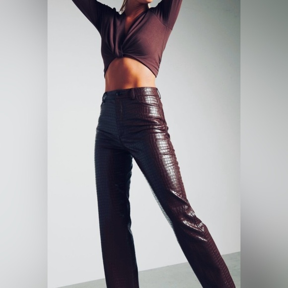 🆕Dark Brown Straight Leg Faux Leather Pants with Crocodile Finish - Picture 3 of 14